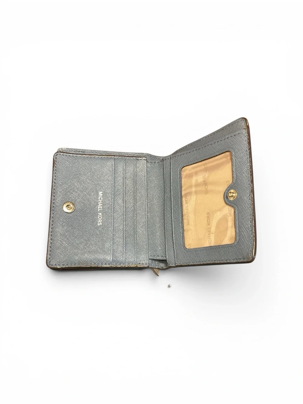 Michael Kors Blue-Grayish Pebbled Leather Compact Wallet with Gold Logo Unisex